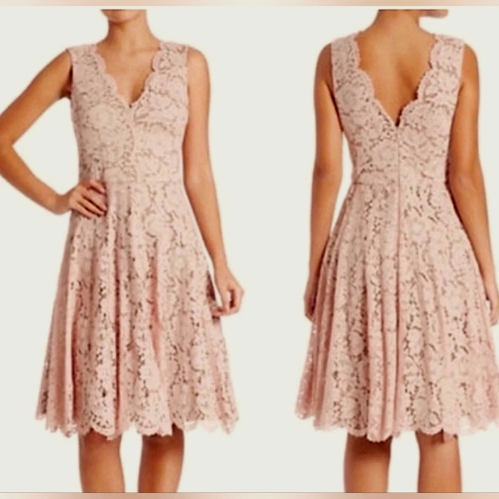 Vera Wang Dress dusty pink/mauve v-neck lace fit and flare dress sz 6